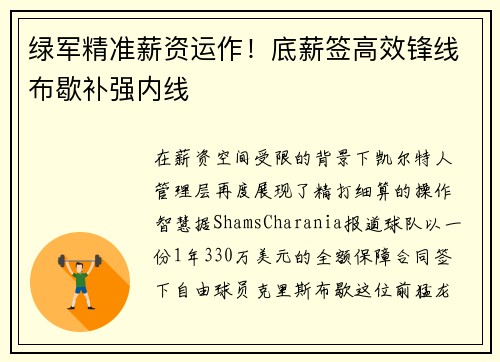 绿军精准薪资运作！底薪签高效锋线布歇补强内线