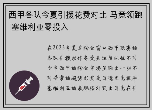 西甲各队今夏引援花费对比 马竞领跑 塞维利亚零投入