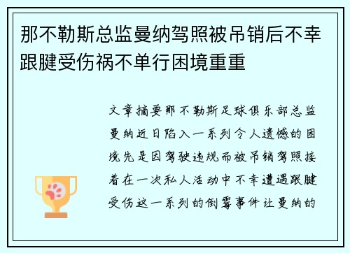 那不勒斯总监曼纳驾照被吊销后不幸跟腱受伤祸不单行困境重重